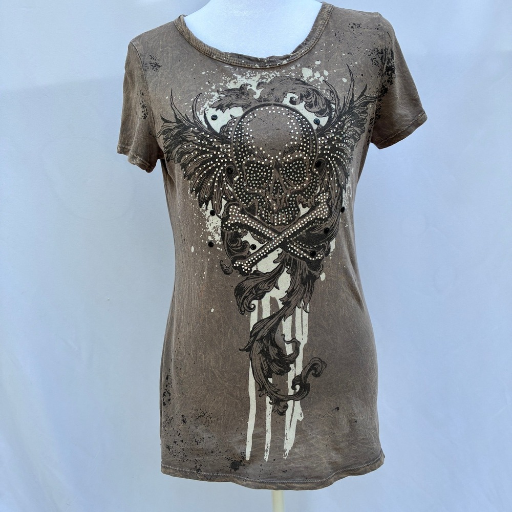 Skull Graphic T Shirt Brown Womens M Rhinestone Studded Cutout Back Goth